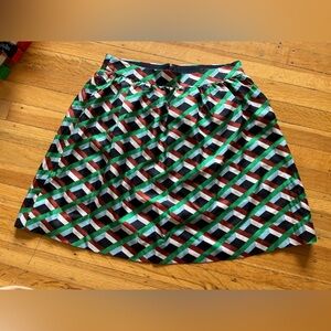 Silk J Crew basketweave geometric mini puff skirt navy blue green brown 4 preppy